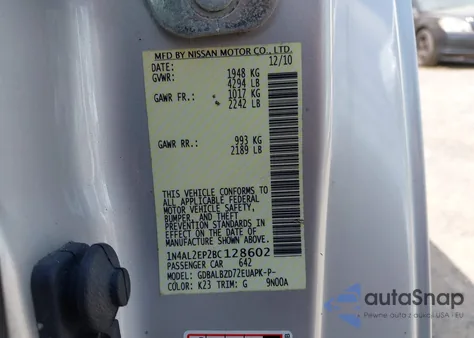 2011 Nissan Altima 2.5 S z USA, uszkodzony, nr VIN 1N4AL2EP2BC128602
